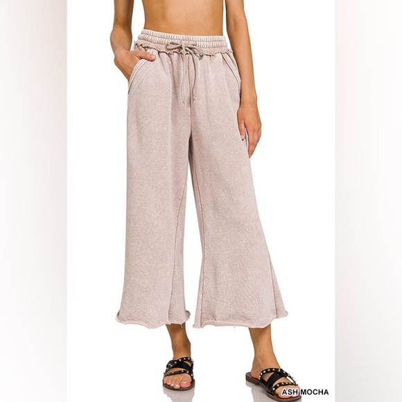 Z19 Zenana 3 left ACID WASH FLEECE PALAZZO SWEATPANTS WITH POCKETS in eggplant - Picture 4 of 7